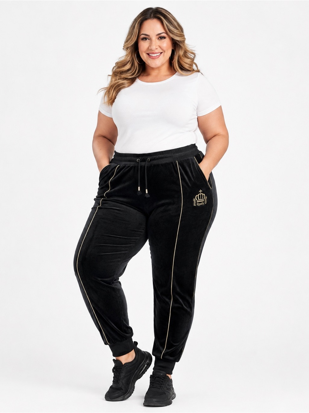 Ashley Stewart 22/24 Black Velour Gold Crown Jogger Sweatpants Plus Size Queen